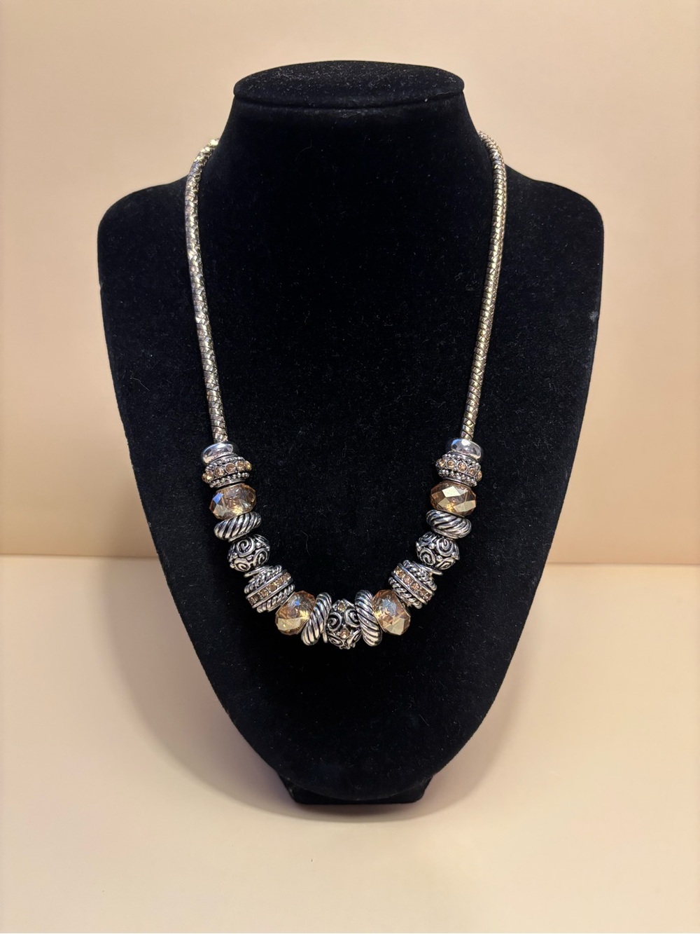 Gold & Silver Plated Slider Beaded Necklace with Crystal Champagne Accents